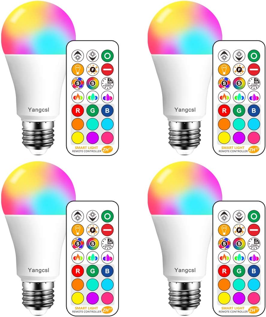 LED Light Bulbs 85W Equivalent 1200lm, RGB Color Changing Light Bulb, 6 Moods - Memory - Sync - Dimmable, A19 E26 Screw Base, Timing Remote Control Included (Pack of 4)