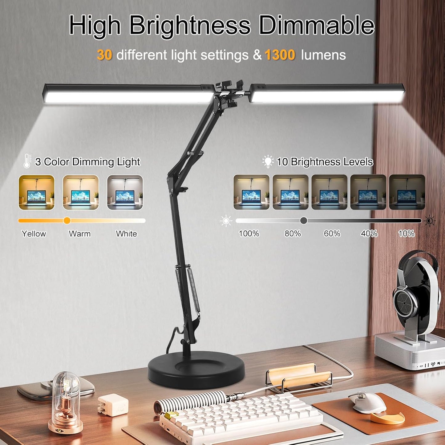 LED Desk Lamp, 24W Brightestwith Table Lamp with Clamp, Desk Light with Flexible Swing Arm,3 Color Modes Stepless Dimmable Double Head Architect Desk Lamps for Home Office Workbench Reading