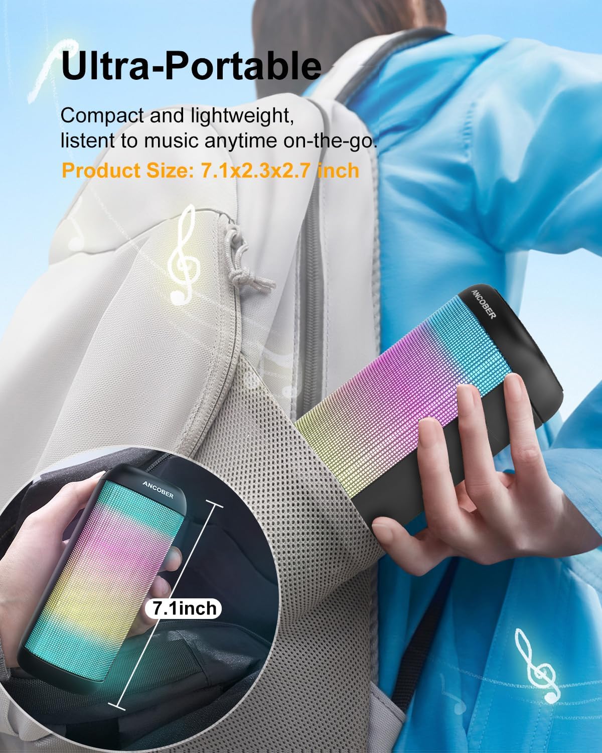 Bluetooth Speaker, Portable Wireless, HD Stereo Sound with Cool LED Lights, TWS Surround Dual Pairing, BT 5.3/AUX, for Outdoor Camping Party Home, Electronics Gadgets Gifts for Him Her Birthday