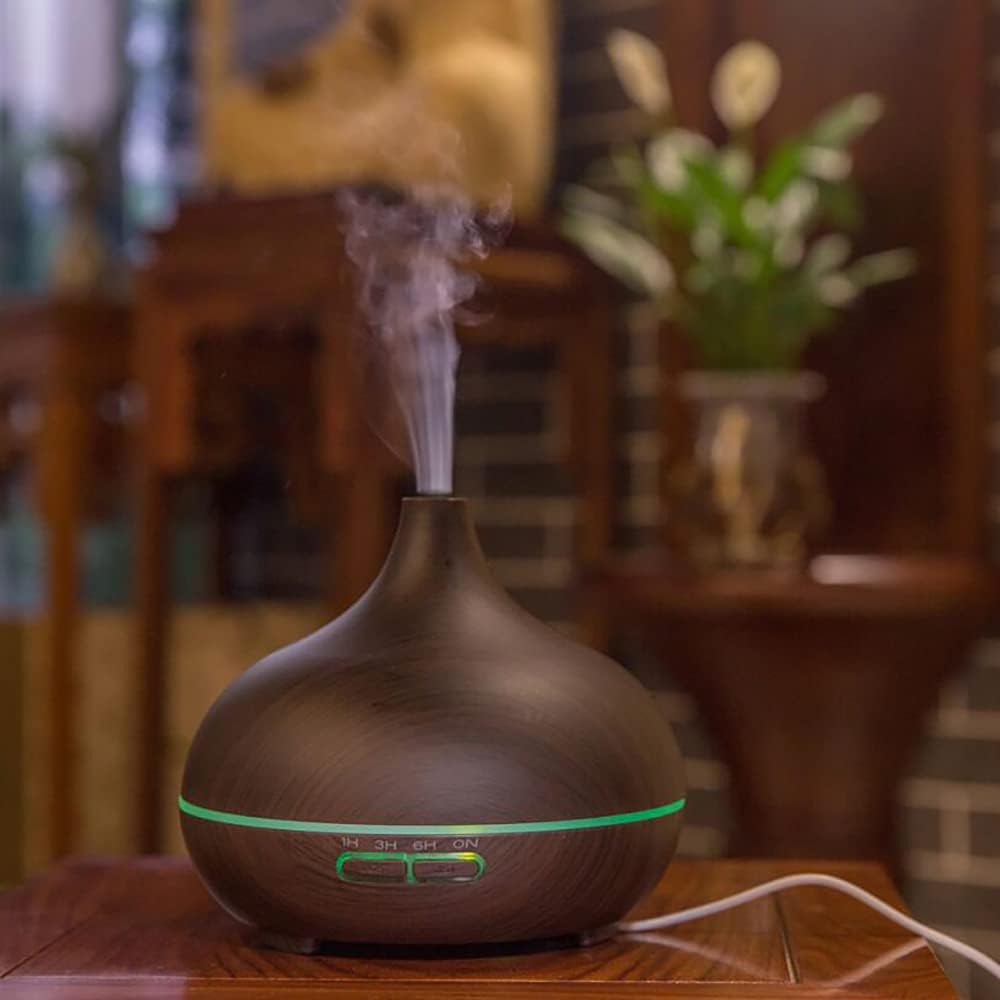 Wood Grain Aroma Diffuser 300ml Dark Brown, Essential Oils, Ultrasonic Cool Mist Humidifier, 7 Colors Light and 4 Timing Set Up, Auto Shut-Off Function, for Office Home Study Yoga Spa