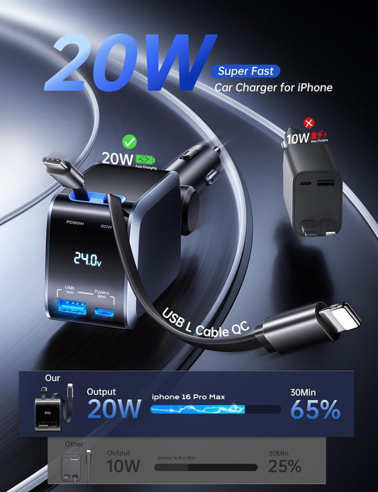 Retractable Car Charger, Car Accessories, 72W Fast Charging USB C Car Charger with 4FT Retractable Cables and 2 Ports, Travel Essentials Gifts for iPhone 16 15 14 13 12