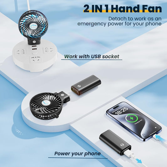 Portable Handheld Fan, Personal Hand Held Makeup, Foldable Small Desk, Rechargeable Fan Detachable Handle Design, Cooling for Travel, Outdoors, Indoors-Black&Transparent