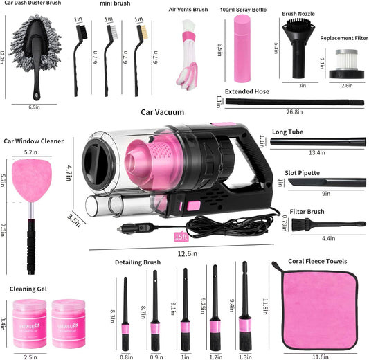 Pink Car Interior Detailing Kit with High Power Handheld Vacuum, Detailing Brush Set, Windshield Cleaner, Cleaning Gel, Complete Auto Accessories for Women Gift