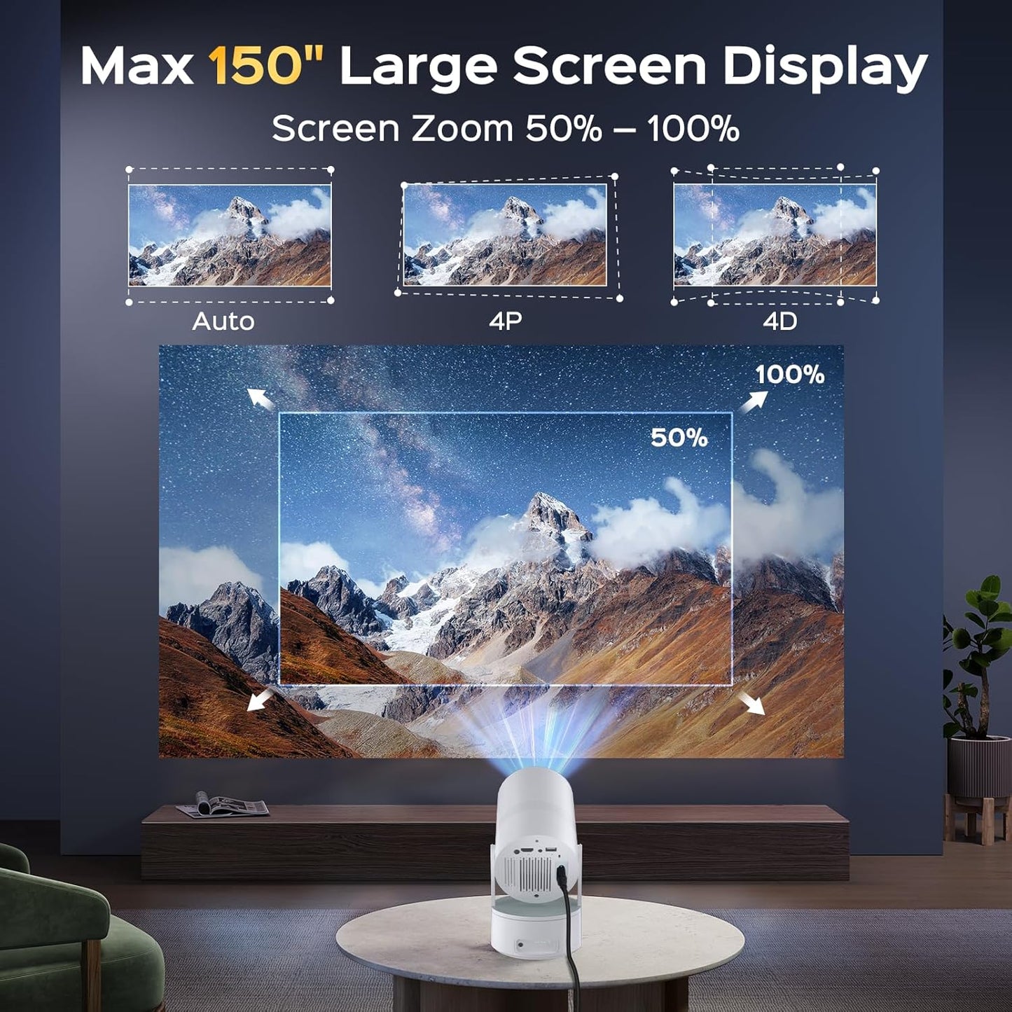 Mini Projector with WiFi and Bluetooth, 4K Decoding, 1080P Supported, 270 Rotatable, 150'' Screen, Auto Keystone, Home & Outdoor, Portable, Smart Projector, White
